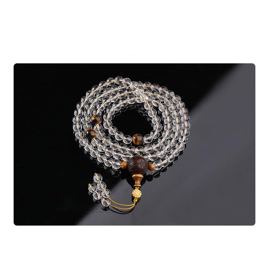 Handcrafted Tibetan Buddhist mala with white crystal, tiger eye stones, and 925 silver accents.