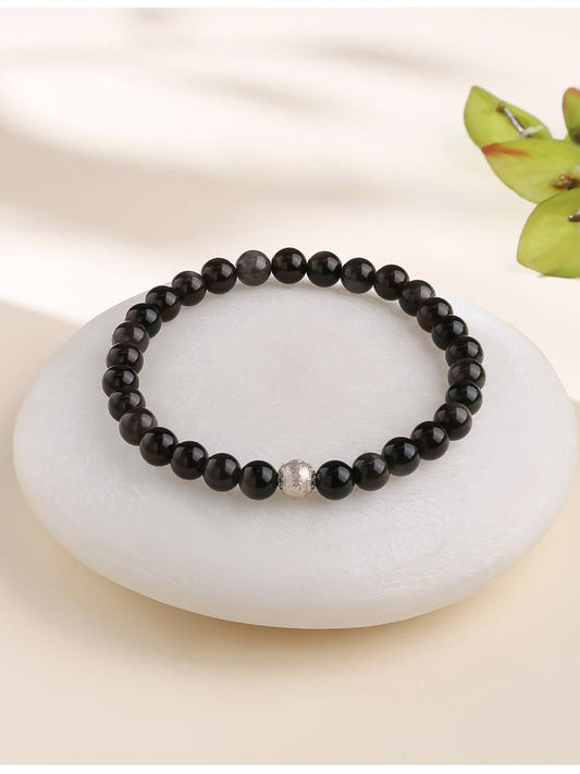 Tibetan-Buddhist Xingye Silver Obsidian Bracelet handmade with 6mm beads and 925 silver Six-Syllable Mantra bead, elastic 16cm fit