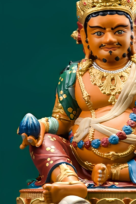 Handmade Tibetan Buddhist Yellow Dzambhala statue in copper with mineral pigments, detailed Tibetan Buddha art for wealth and prosperity.