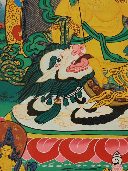 Tibetan Yellow Jambhala Thangka Art – Hand-painted Tibetan Thangka for prosperity and success.