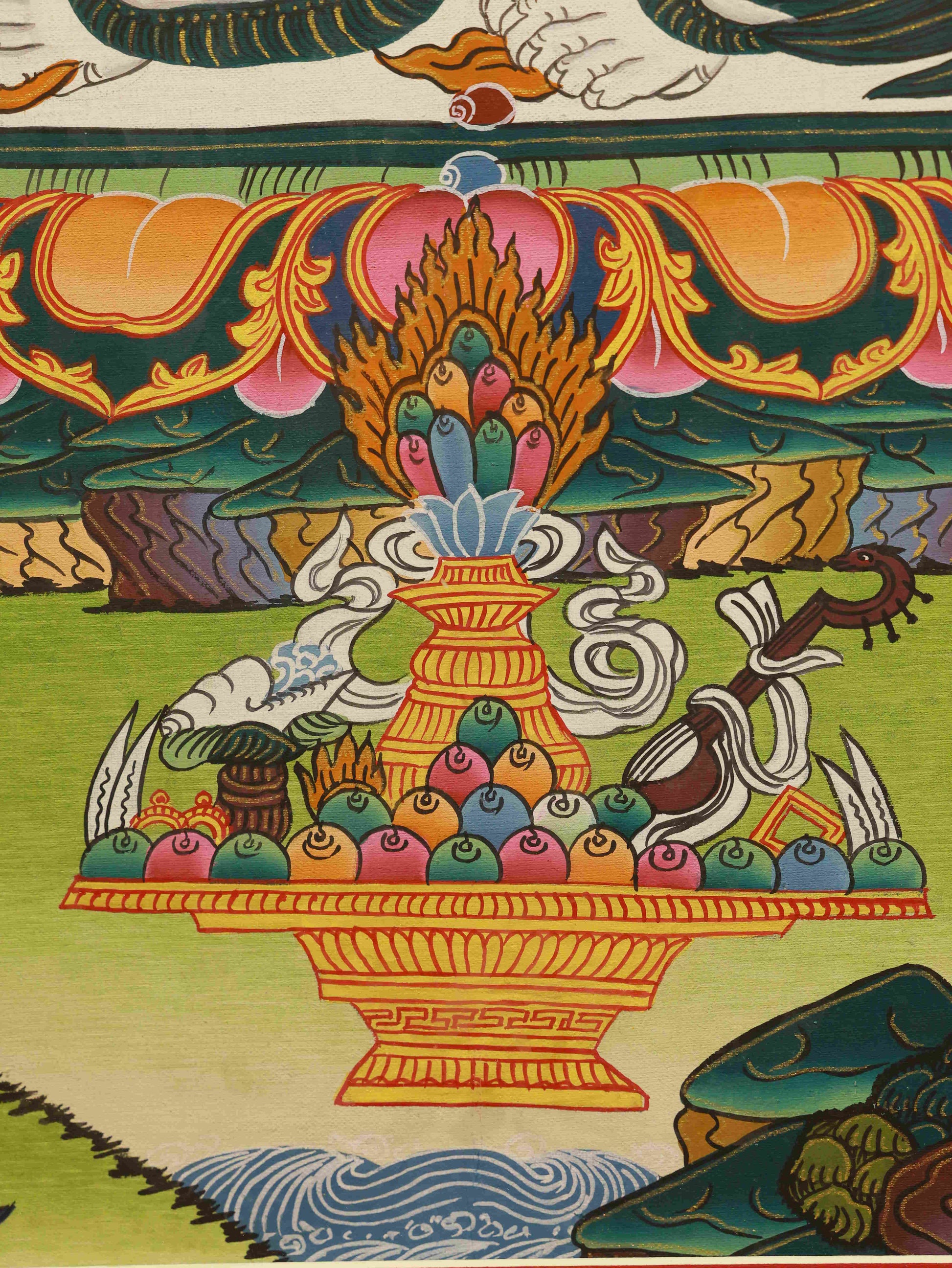 Exquisite Tibetan Buddhist Thangka of Yellow Jambhala, crafted by hand with natural mineral colors to attract prosperity and success.