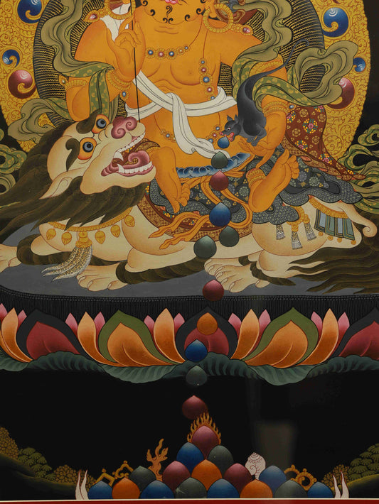 Tibetan Buddhist Yellow Jambhala Thangka, handcrafted on canvas with mineral pigments for prosperity.