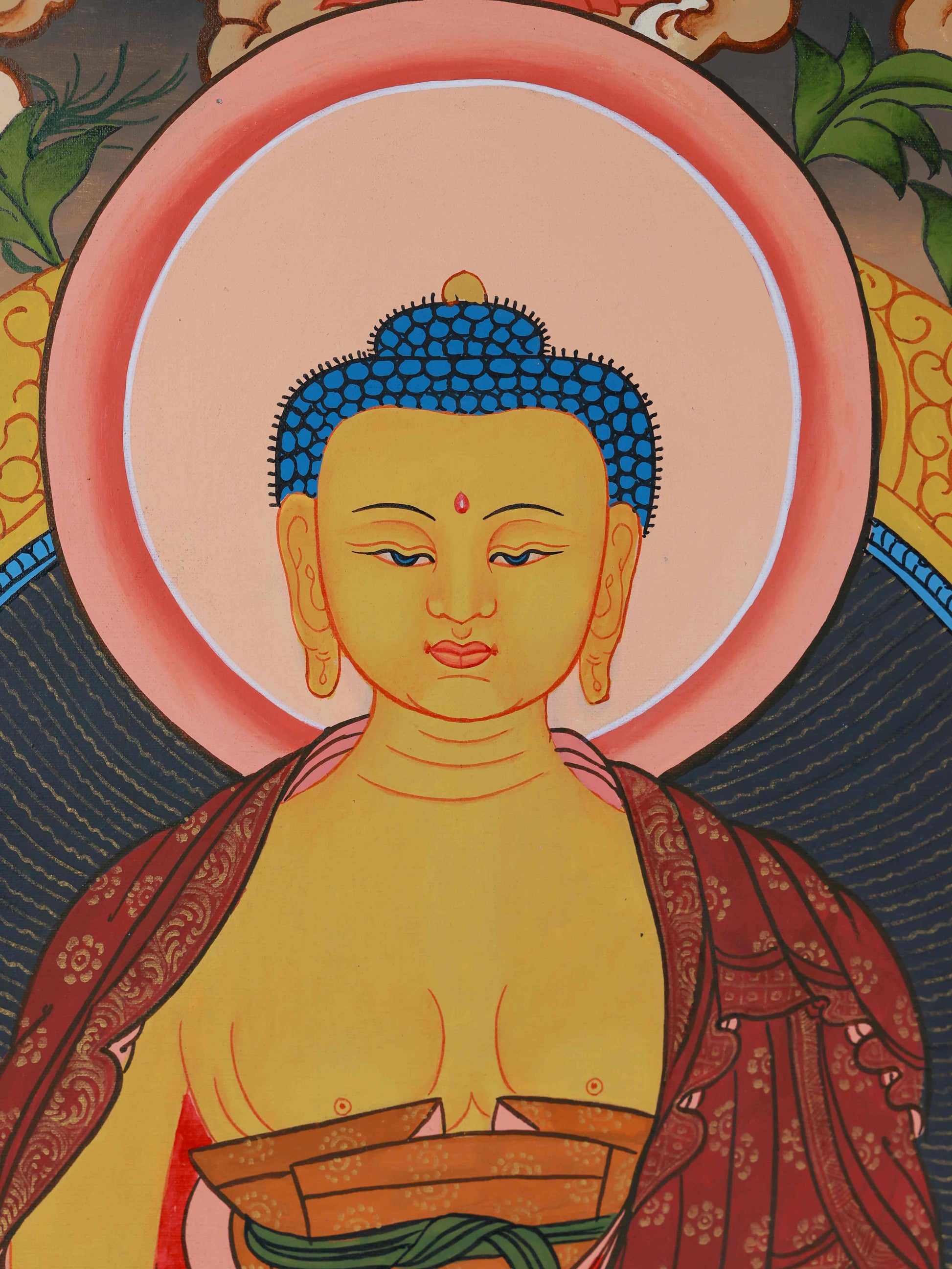 Vintage-style Tibetan Thangka painting featuring Shakyamuni Buddha, handmade with natural mineral pigments.