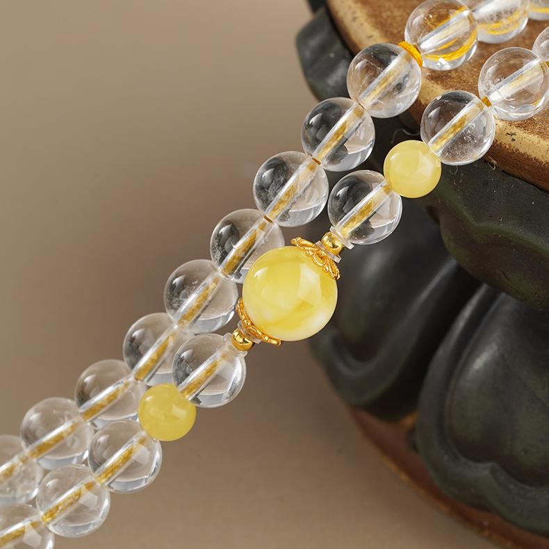 Close-up of handmade 108 beads mala necklace for mindfulness and energy balance.