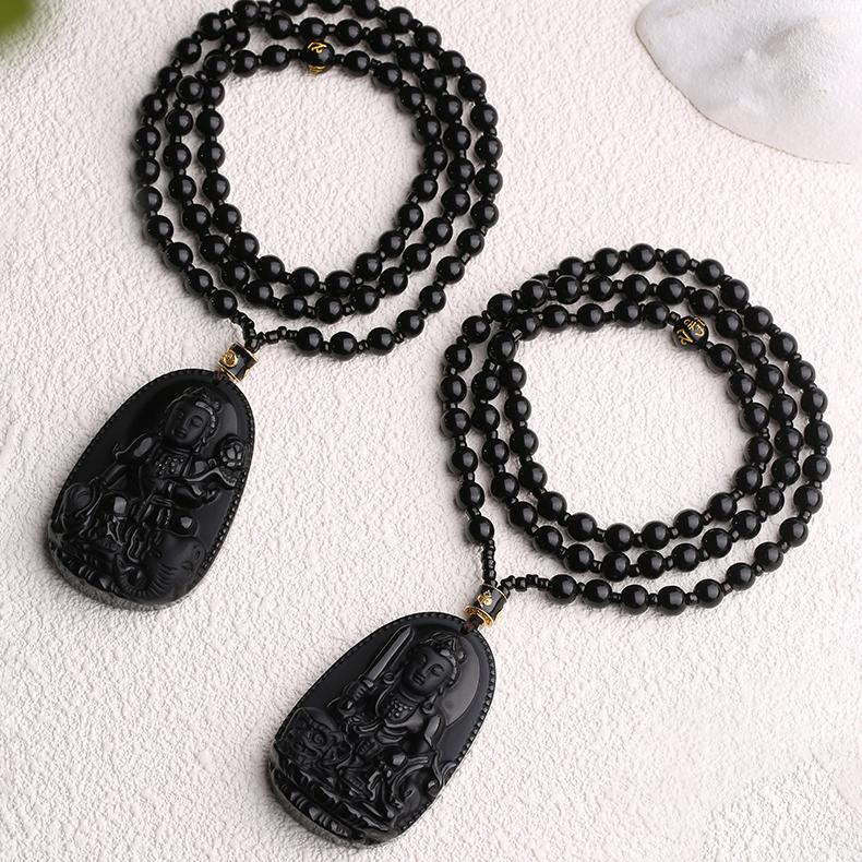 Obsidian and copper Tibetan necklace engraved with mantra beads for good fortune
