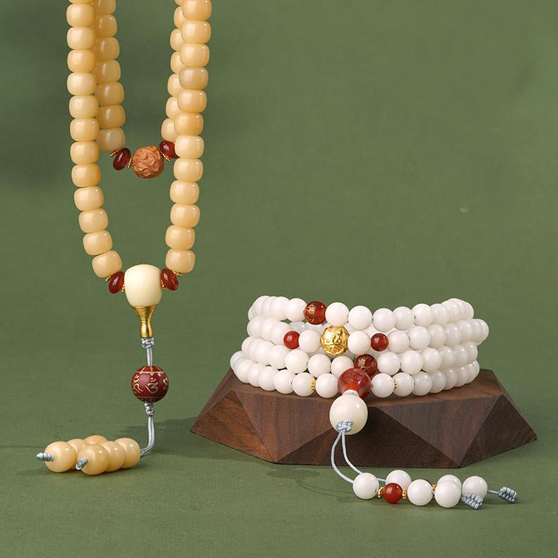 Artisan Tibetan Buddhist bodhi string with agate mantra beads and silver spacers.
