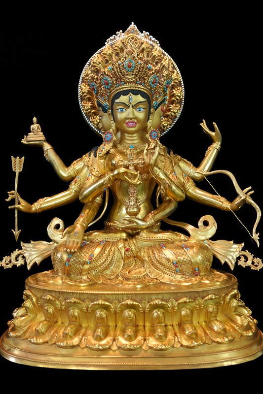 Handmade brass Ushnisha Vijaya statue with mineral pigments, Tibetan Buddhist art symbolizing longevity, wisdom, and protection.