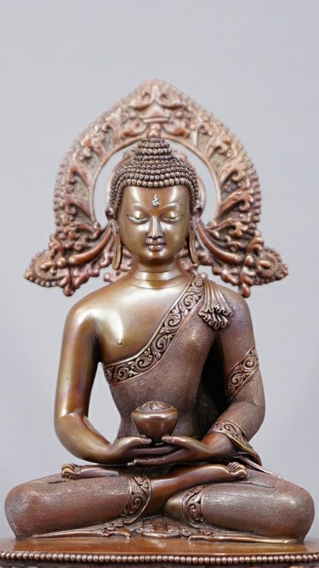 Handcrafted Tibetan Buddhist Amitabha Buddha statue in copper, enhanced with mineral pigments. A divine piece of art to inspire meditation and mindfulness. 