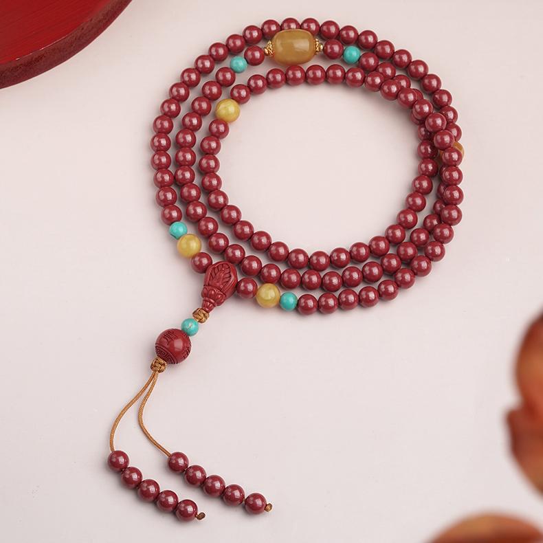 Handmade Tibetan Buddhist cinnabar 108 mala necklace with turquoise accents