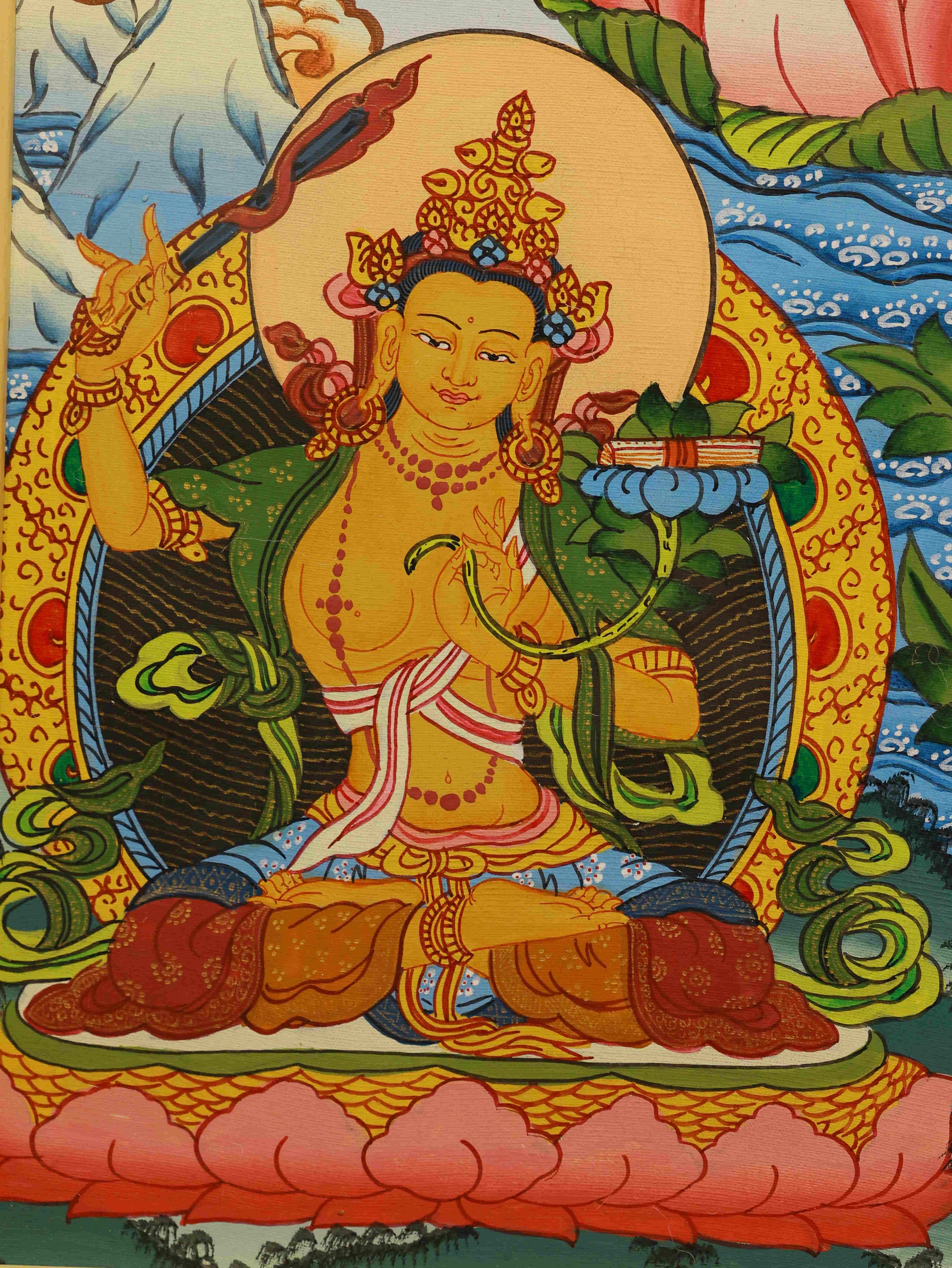 Sacred hand-painted Four-Armed Guanyin Thangka for home shrine or practice room.