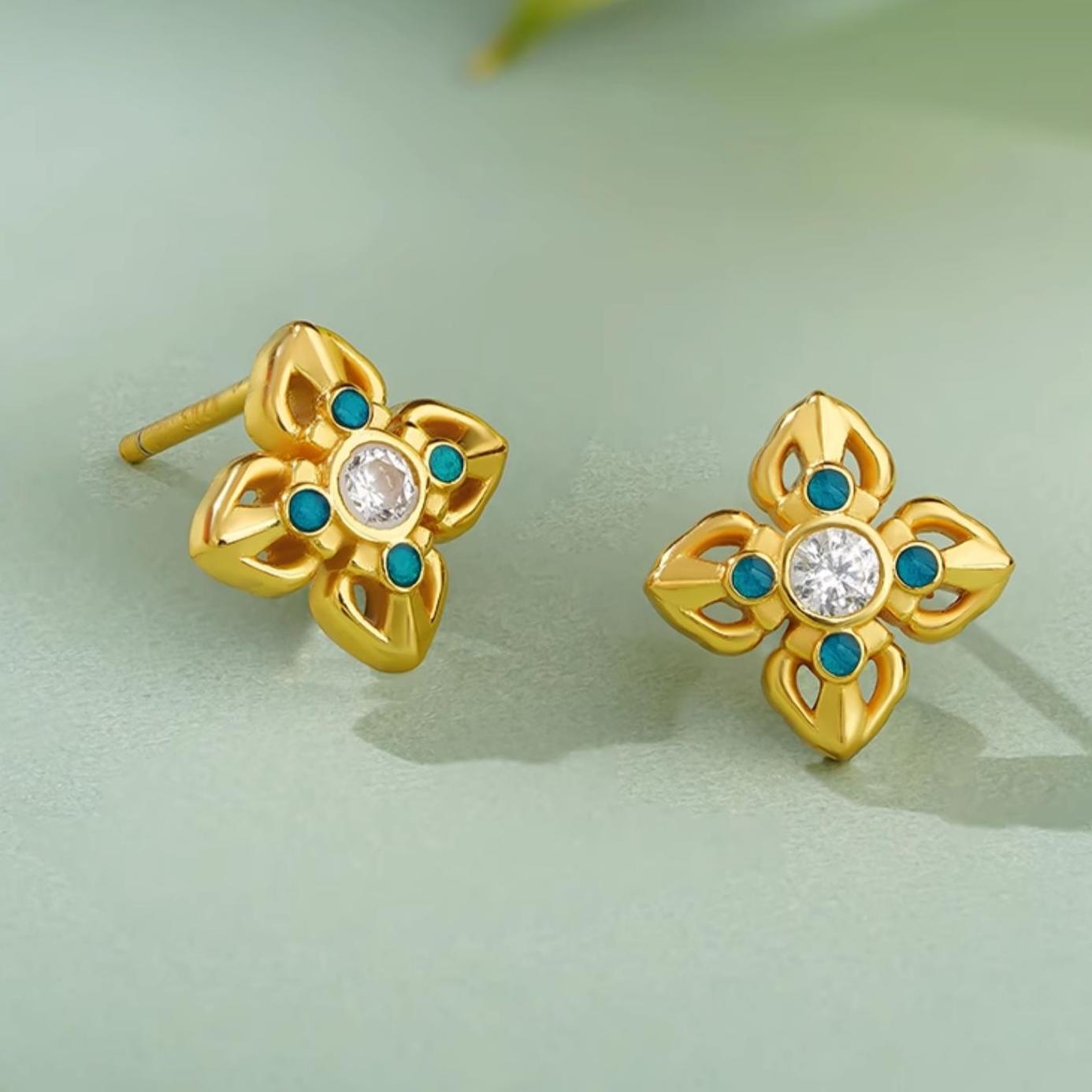 Handmade Tibetan Buddhist 925 silver square earrings with cubic zirconia, symbolizing harmony and spiritual balance.