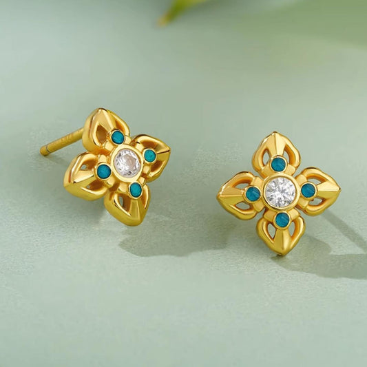 Handmade Tibetan Buddhist 925 silver square earrings with cubic zirconia, symbolizing harmony and spiritual balance.