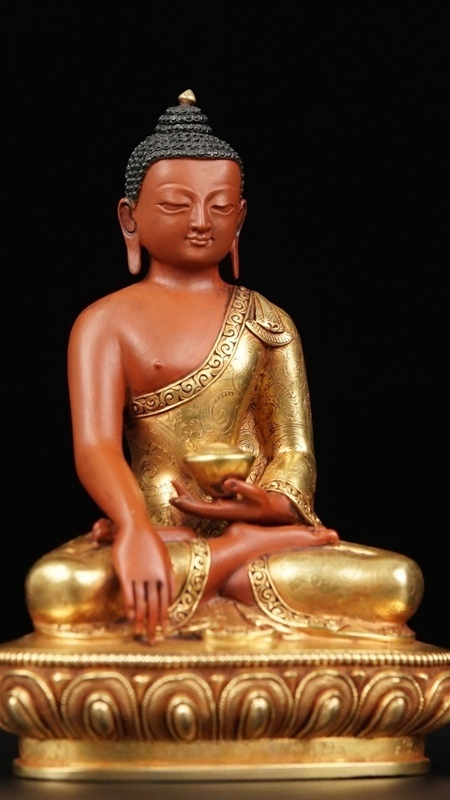 “Handmade gilded painted Shakyamuni Buddha statue in purple copper, Tibetan Buddhist statues art, fine craftsmanship.”