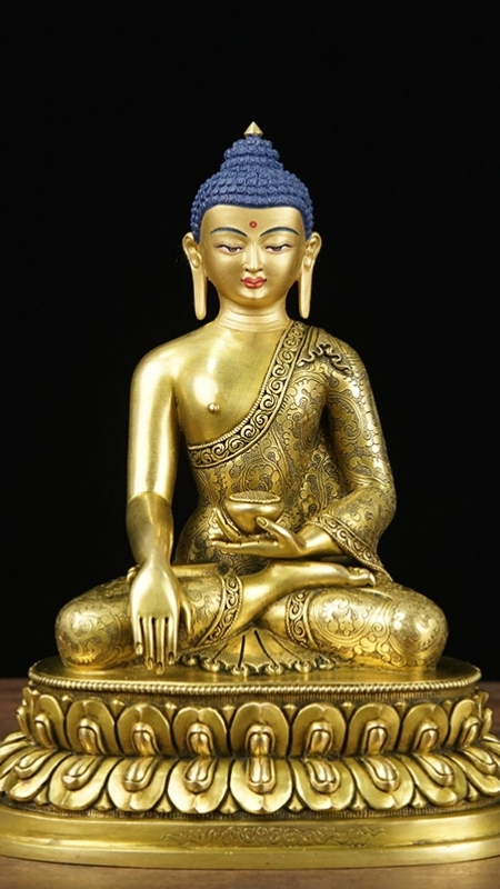 Gilded copper Shakyamuni Buddha statue, handmade Tibetan Buddhist art painting with vibrant mineral colors, Buddha statue collectible.