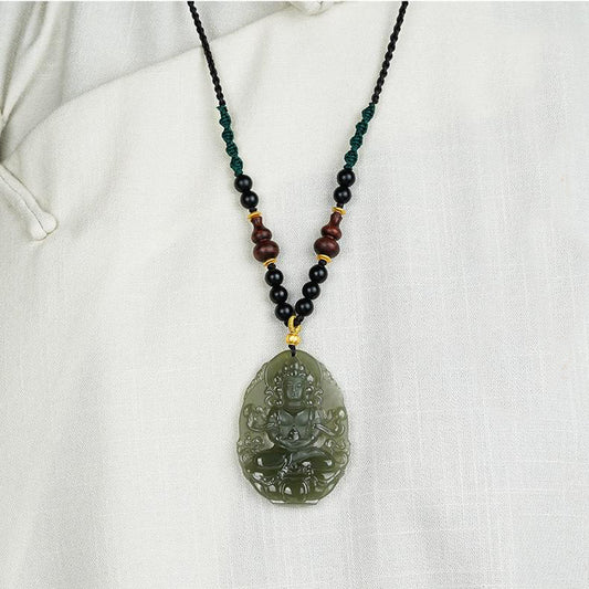 Handcrafted Tibetan Buddhist Hetian jade necklace symbolizing infinite harmony and peace.
