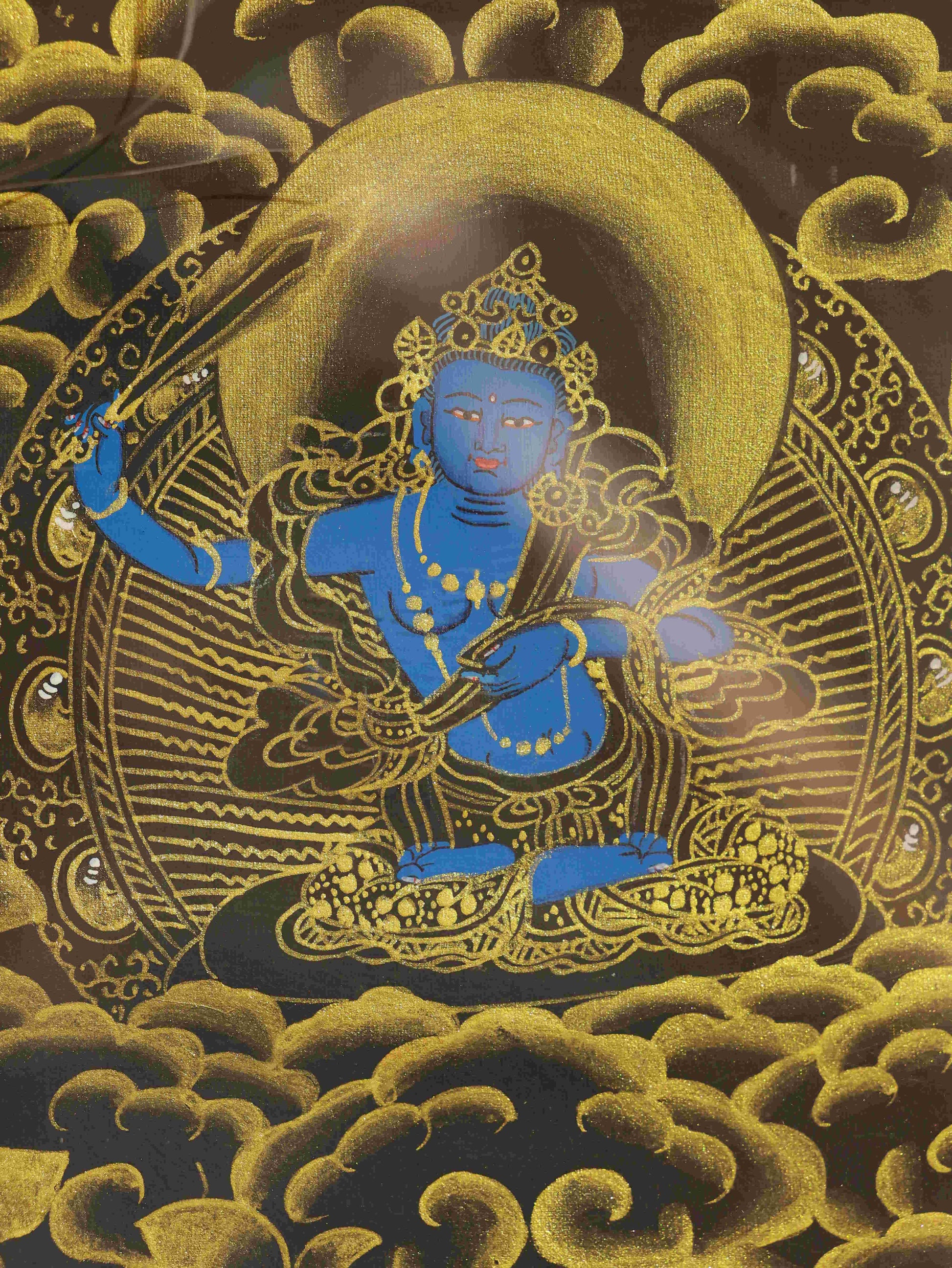 Pure hand-painted Manjushri Thangka from Tibetan Buddha art, featuring intricate details and vibrant mineral colors on traditional thangka canvas.