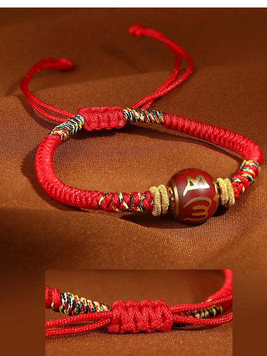 Handmade Tibetan-Buddhist red cord bracelet with incense ash Six-Syllable Mantra bead