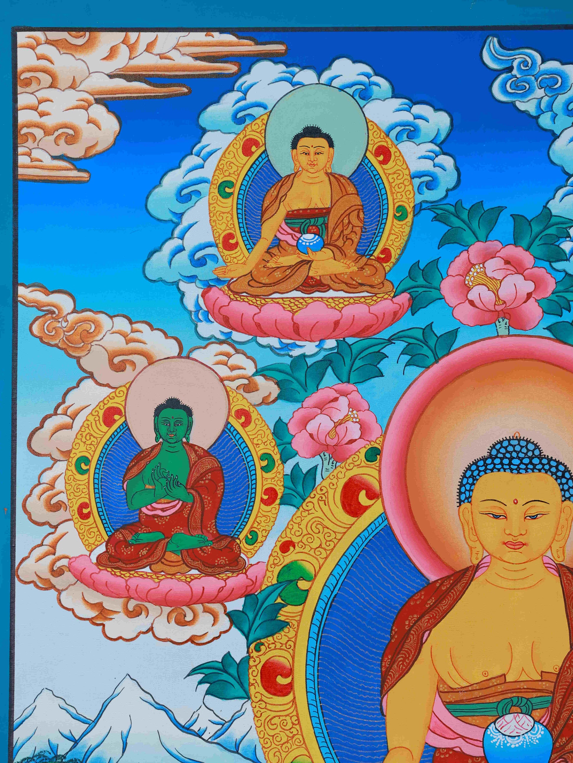 Detailed Tibetan Buddhist Thangka artwork of Medicine Buddha, symbolizing purification, healing, and protection.