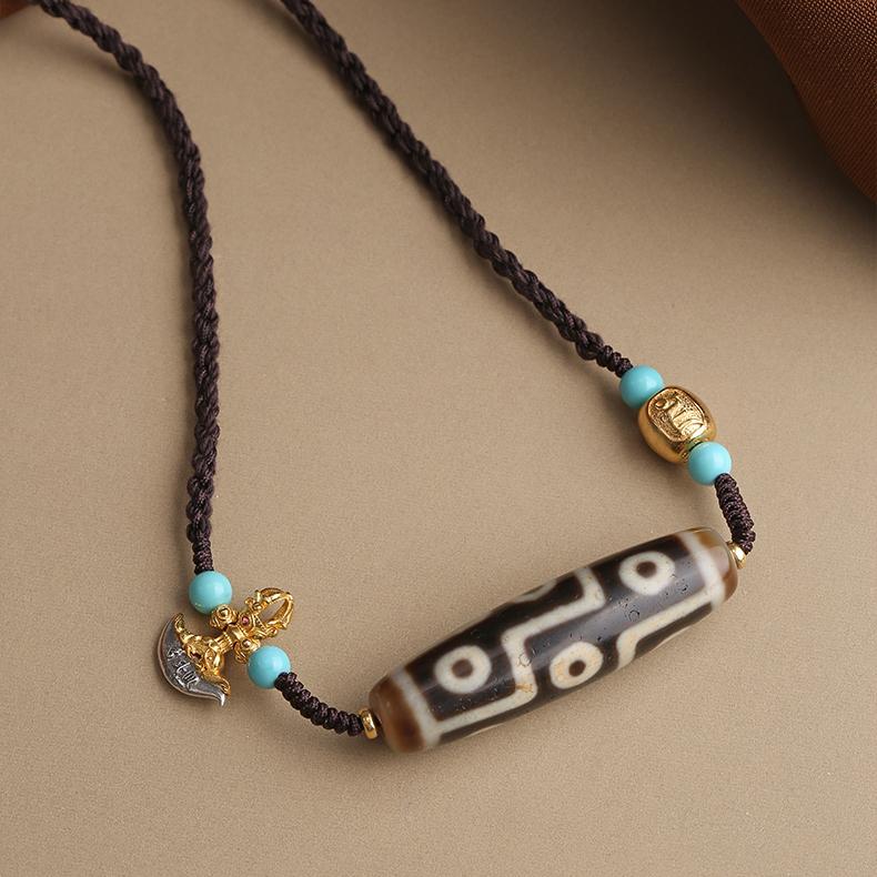 Tibetan Buddhist nine-eyed agate Dzi bead pendant symbolizing wisdom and prosperity.