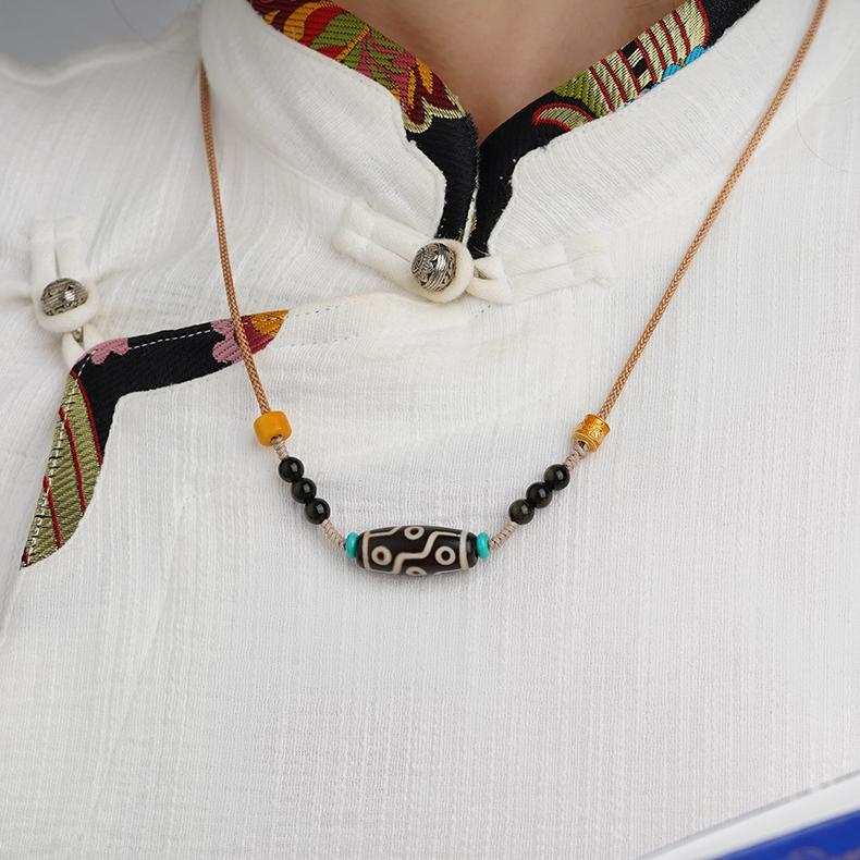 Tibetan Buddhist Nine Eyes Agate Pendant with Adjustable Necklace Rope – Handmade Spiritual Jewelry