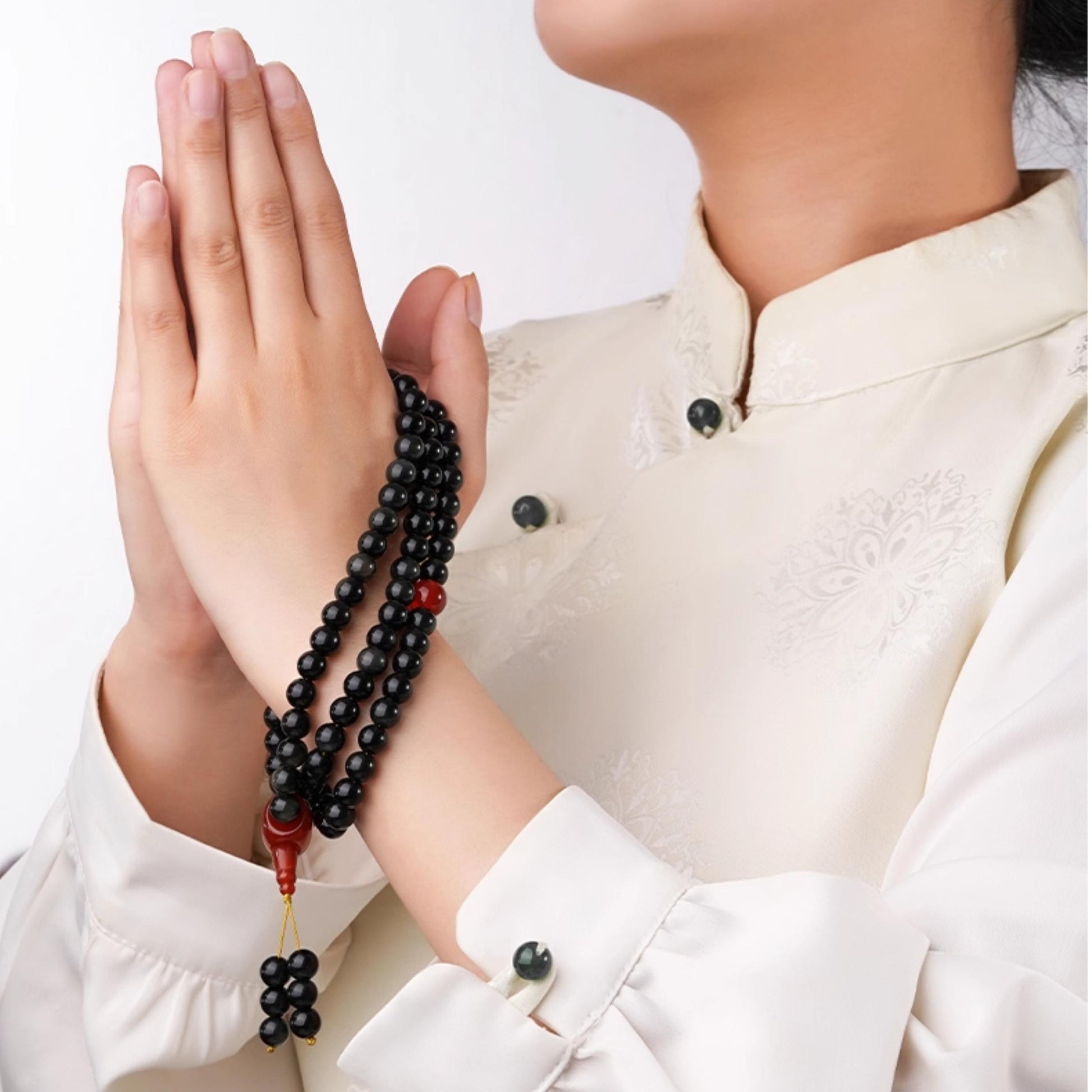 Handcrafted Tibetan Buddhist rainbow obsidian mala necklace with agate and pure silver beads.