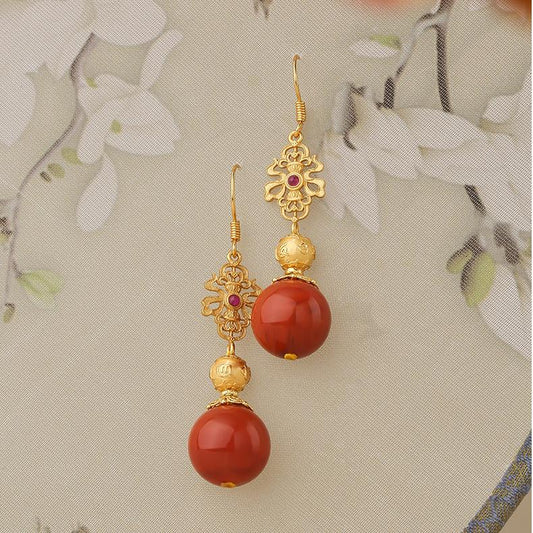 Tibetan Buddhist Red Agate Gold Earrings | Handcrafted Buddha Art Jewelry