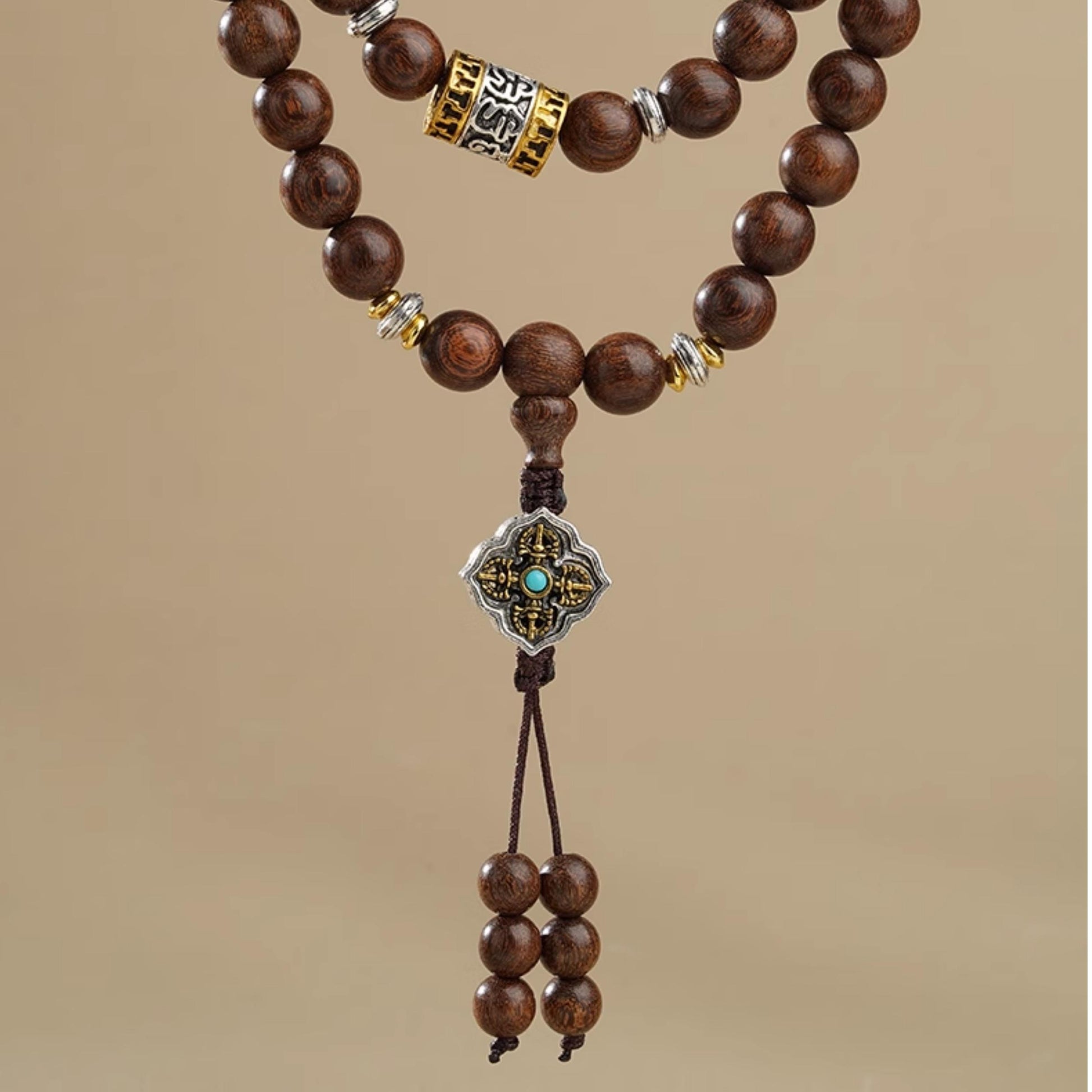Handcrafted 108 sandalwood mala inspired by Tibetan thangka artistry and spiritual ritual design.