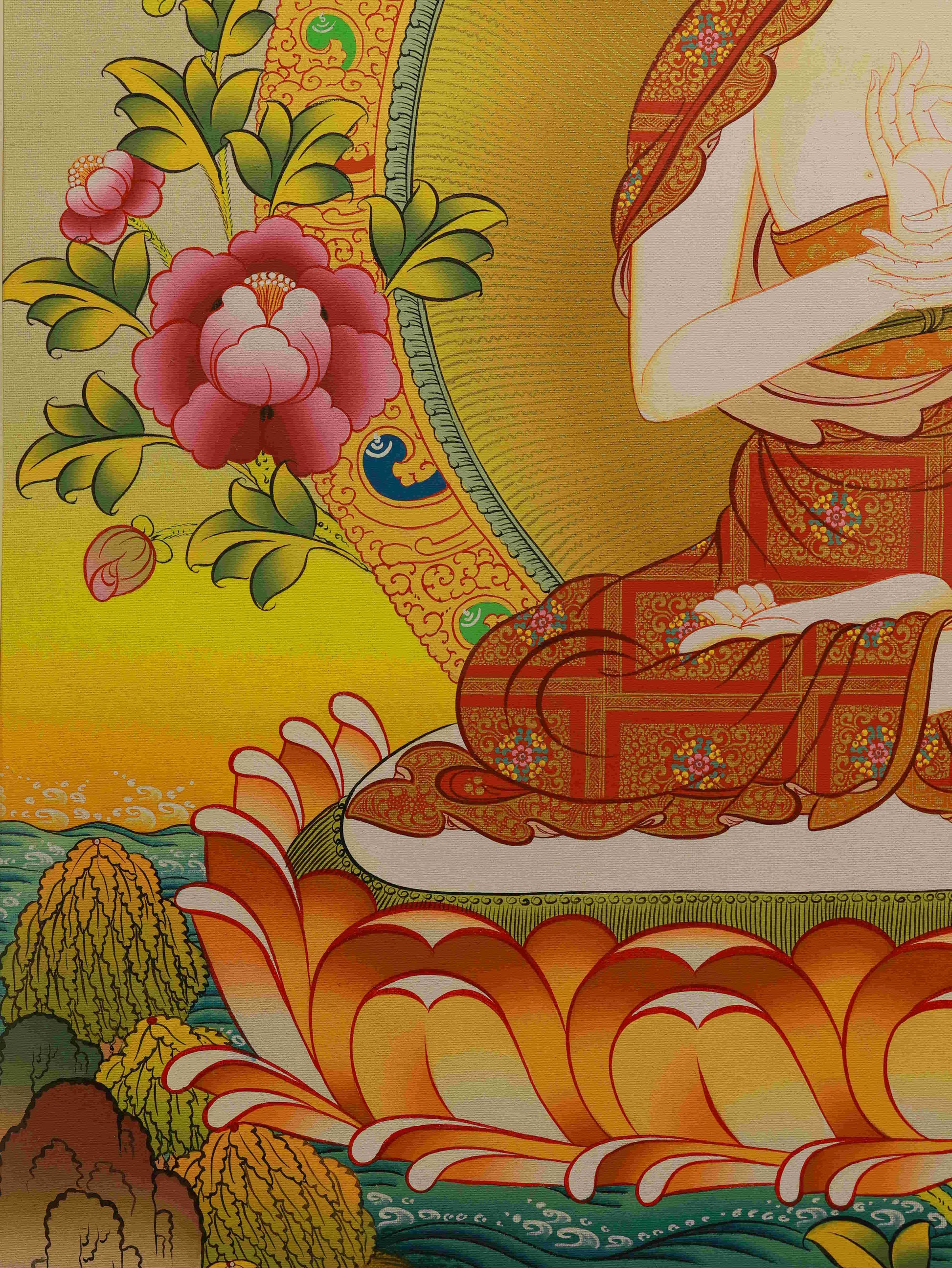 Golden Shakyamuni Buddha Thangka, representing compassion, clarity, and prosperity.