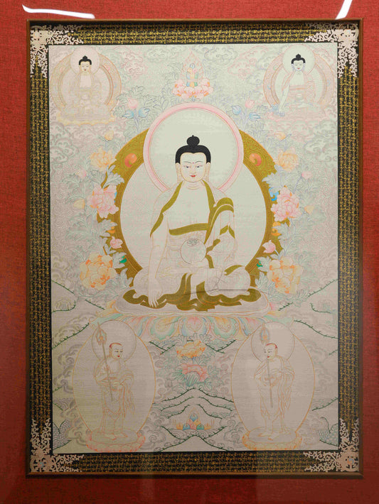 Handmade Tibetan Buddhist Silver Foil Shakyamuni Thangka Painting on Canvas
