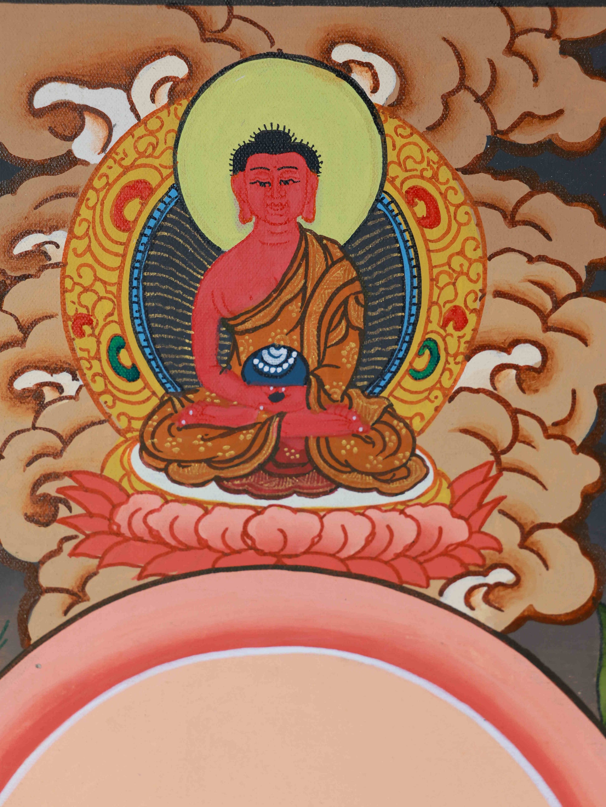 Brass-toned Shakyamuni Buddha Tibetan Buddhist Thangka art, symbolizing enlightenment and spiritual awakening.