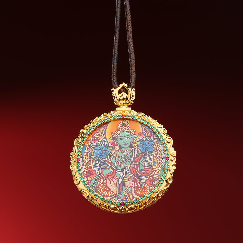 Pure silver Thangka pendant symbolizing enlightenment and compassion.