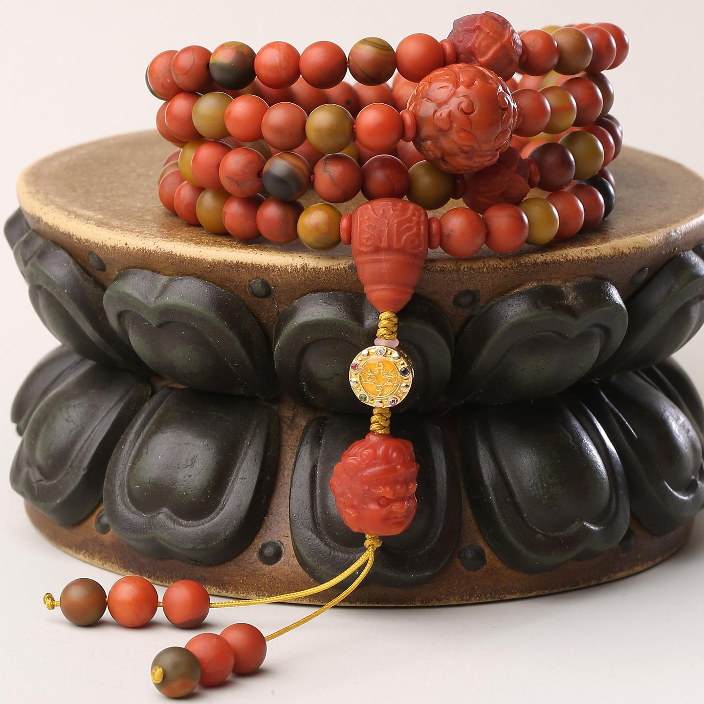 Artisan handmade BoShan Red Agate 108 prayer beads for mindfulness, protection, and prosperity.