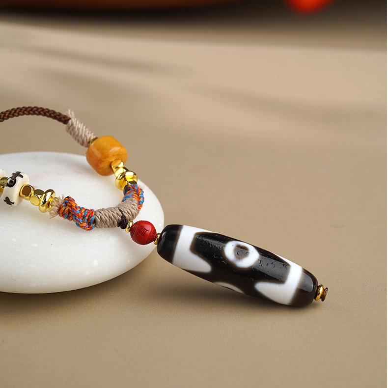 Spiritual Tibetan Three Eyes Agate Pendant with Copper and Glass