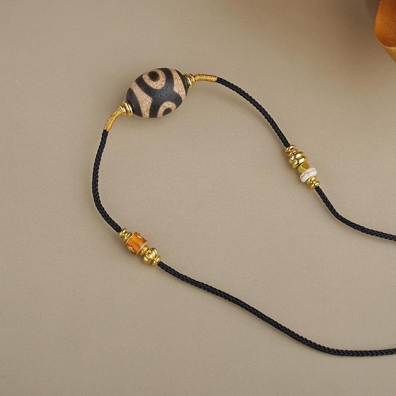 Tibetan Three Eyes Agate Bead Necklace with Copper, Glass, and Yellow Beads