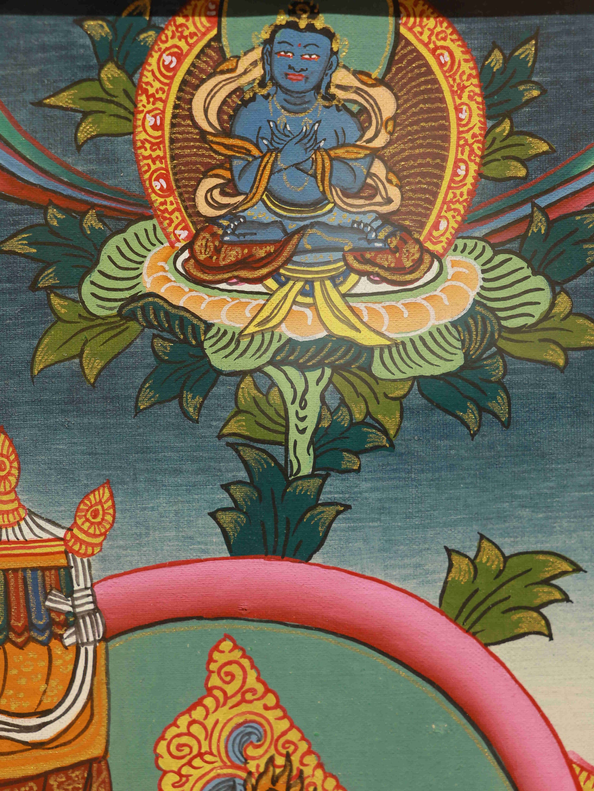 Tibetan Buddha art Thangka featuring the Yellow Jambhala, painted on canvas using traditional mineral pigments and pure handwork.