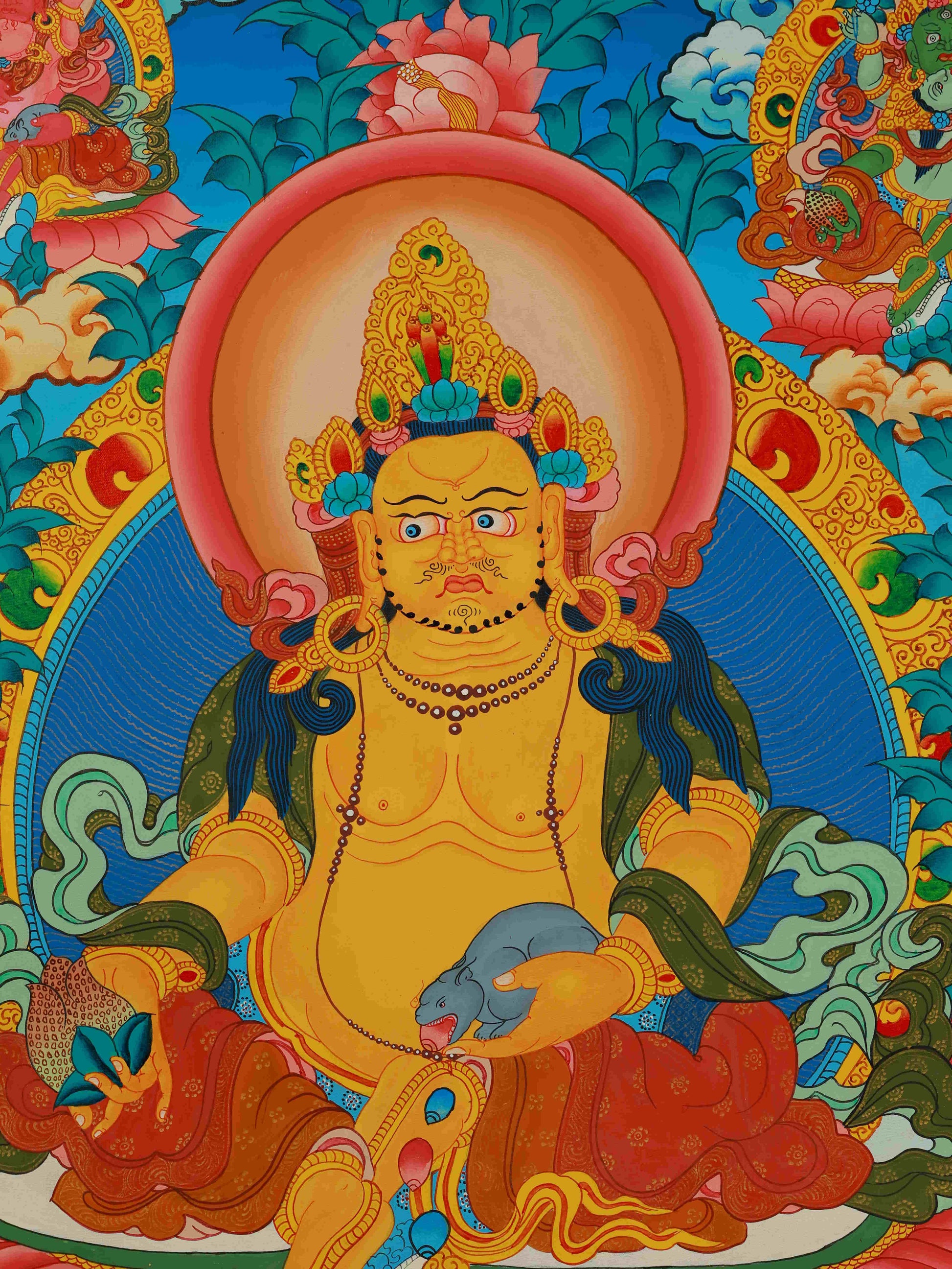 Hand-painted Dzambhala (Yellow Jambhala) Tibetan Thangka on canvas, crafted with traditional mineral pigments.