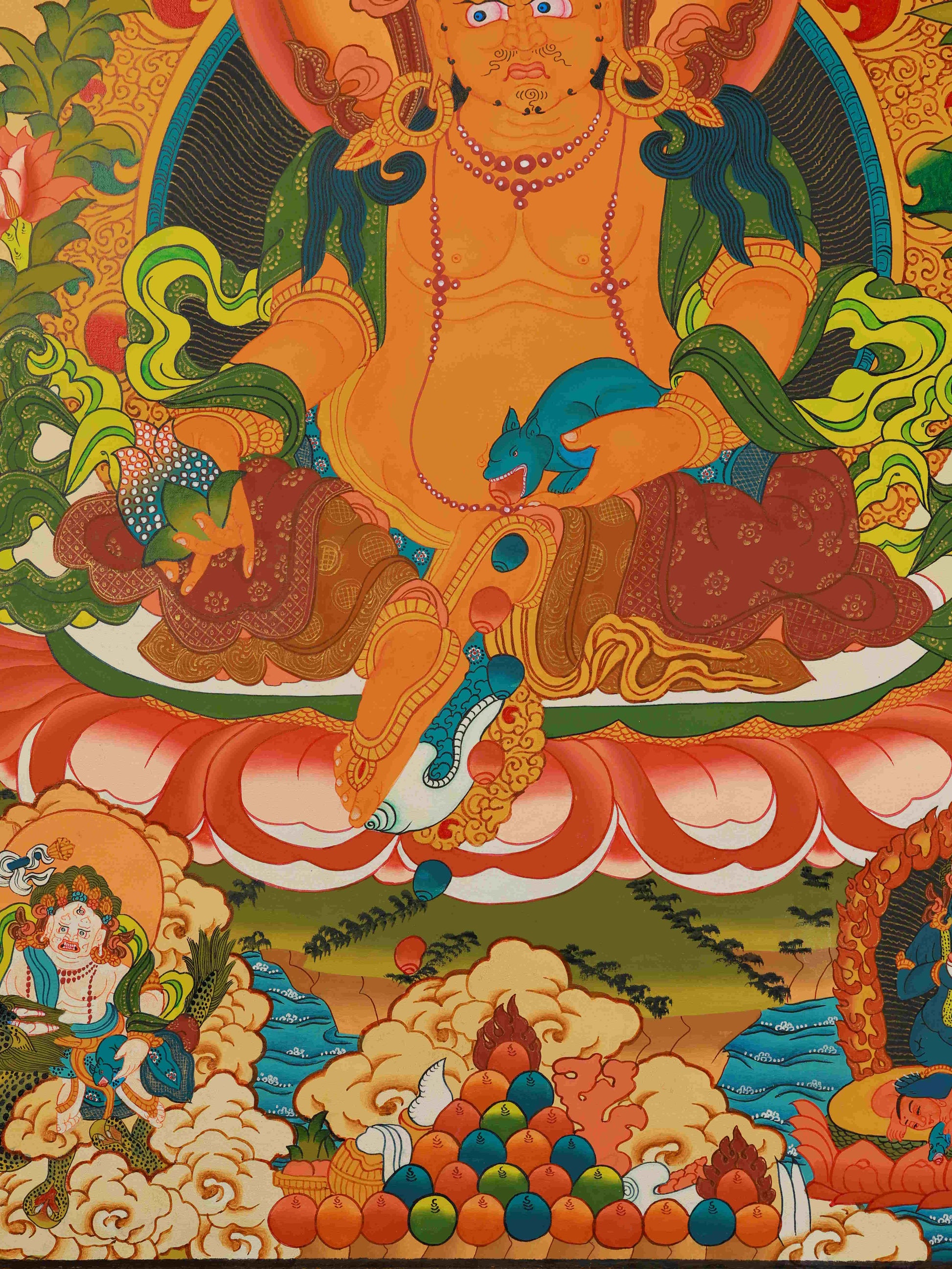 Hand-painted Dzambhala (Yellow Jambhala) Tibetan Thangka on canvas, crafted with traditional mineral pigments.
