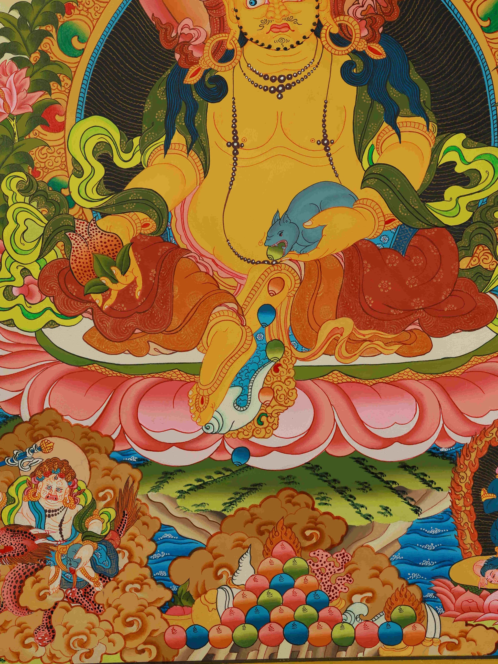 Handcrafted Tibetan-Buddhist Yellow Jambhala Thangka painting, representing the God of Wealth.