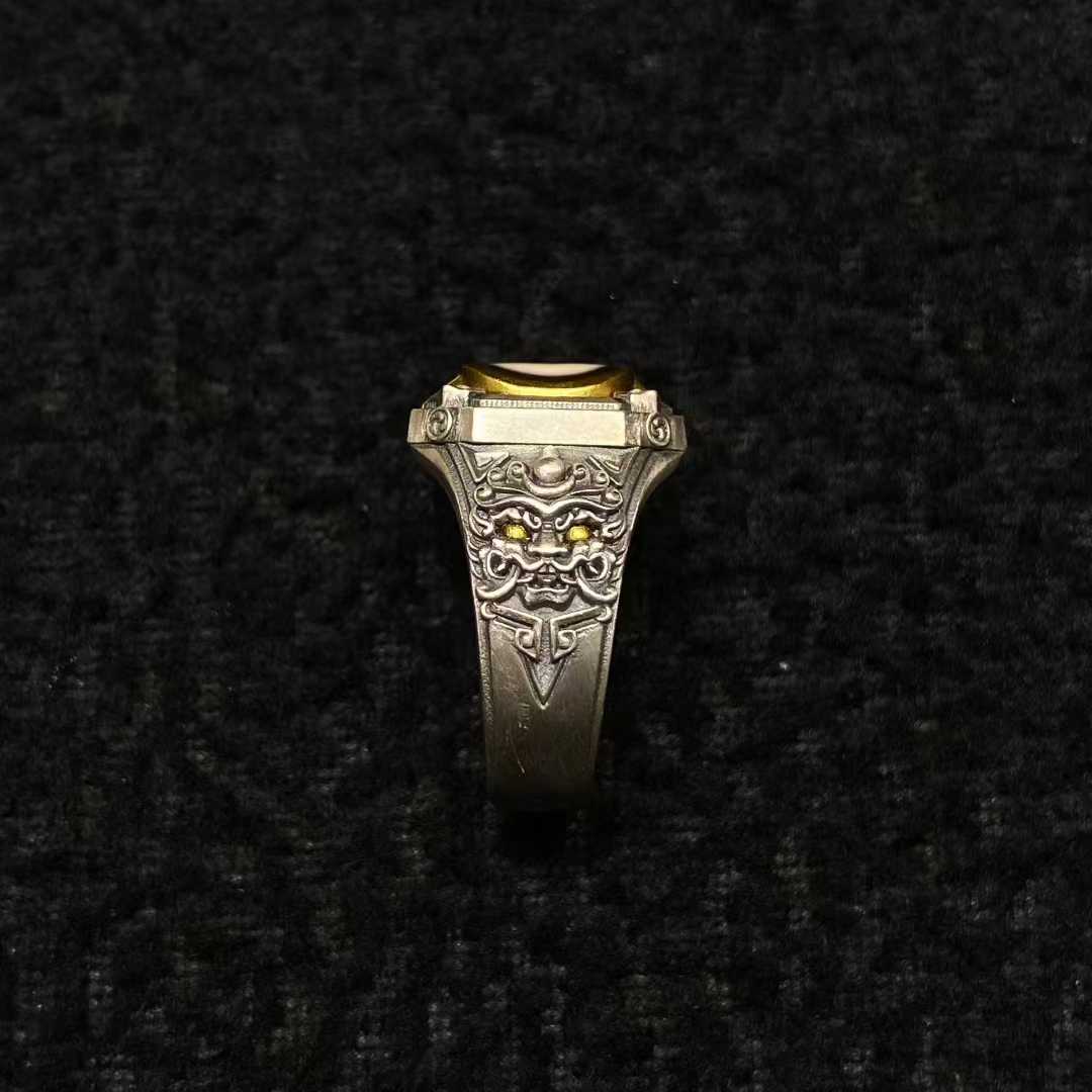 Artisan-made Tibetan Buddhist Zhiba Zha ring with fine silver inlay and spiritual geometric details.