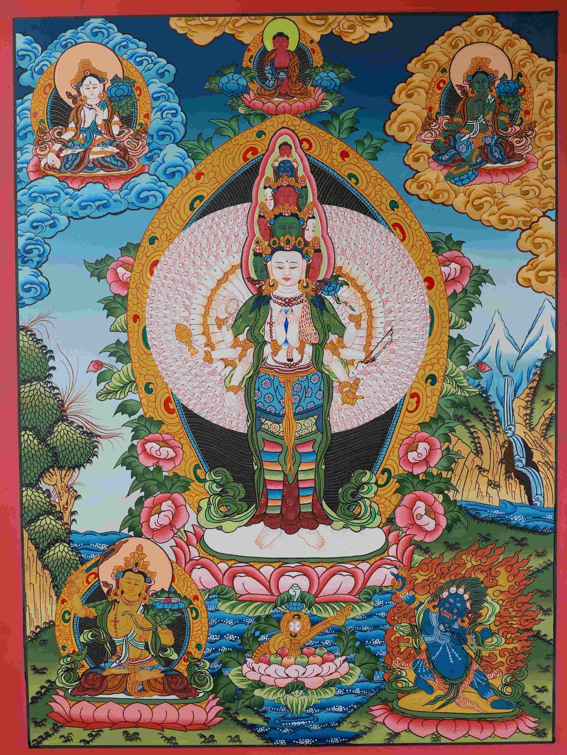 Hand-painted Tibetan Buddhist Avalokiteshvara Thangka, 75x50cm, symbolizing compassion and mercy.