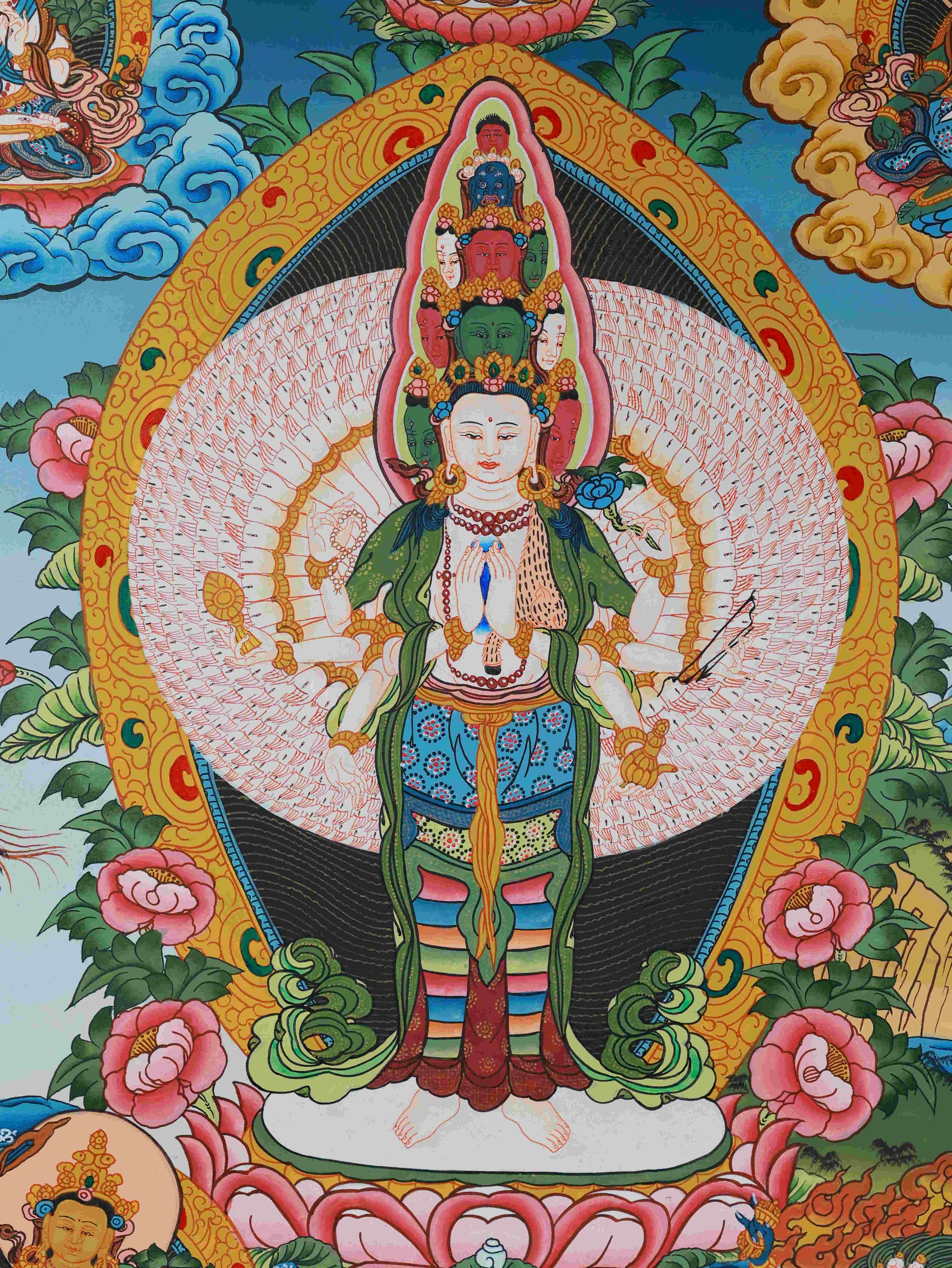 Traditional Avalokiteshvara Thangka on canvas, promoting harmony, inner peace, and enlightenment.