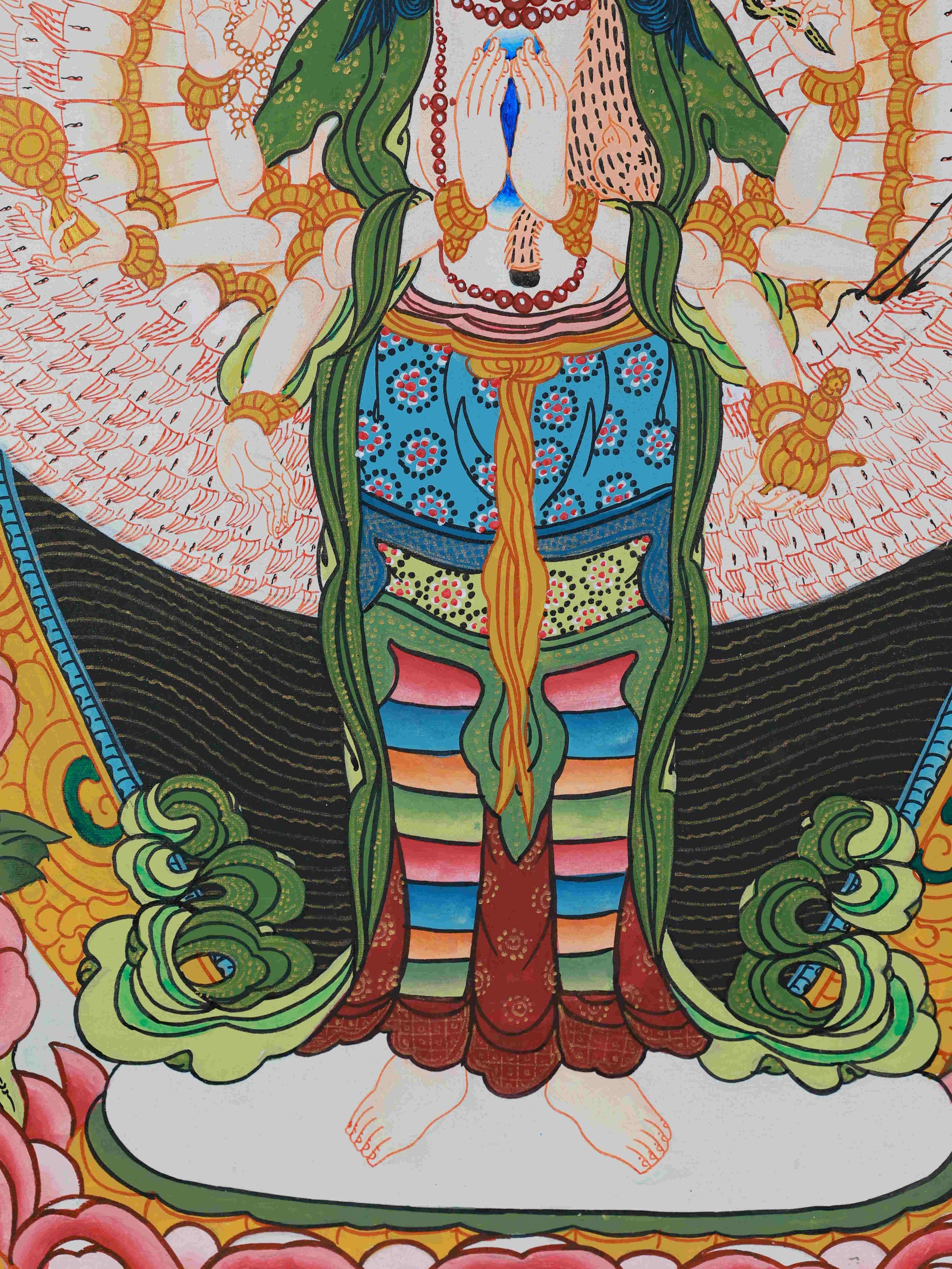 Avalokiteshvara Thangka on fine Thangka canvas, hand-painted with mineral pigments, enhancing spiritual energy.