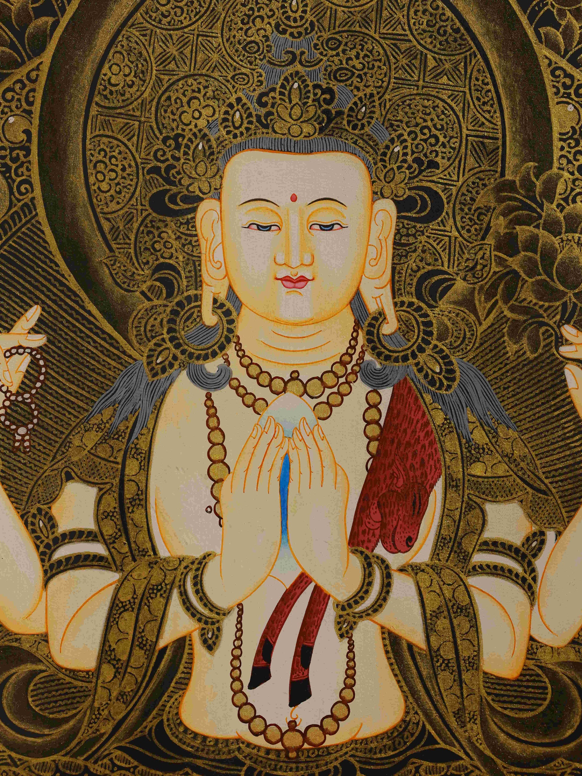 Black gold Avalokiteshvara Thangka, a spiritual Tibetan Buddha art painting crafted by artisans with mineral colors and gold detailing.