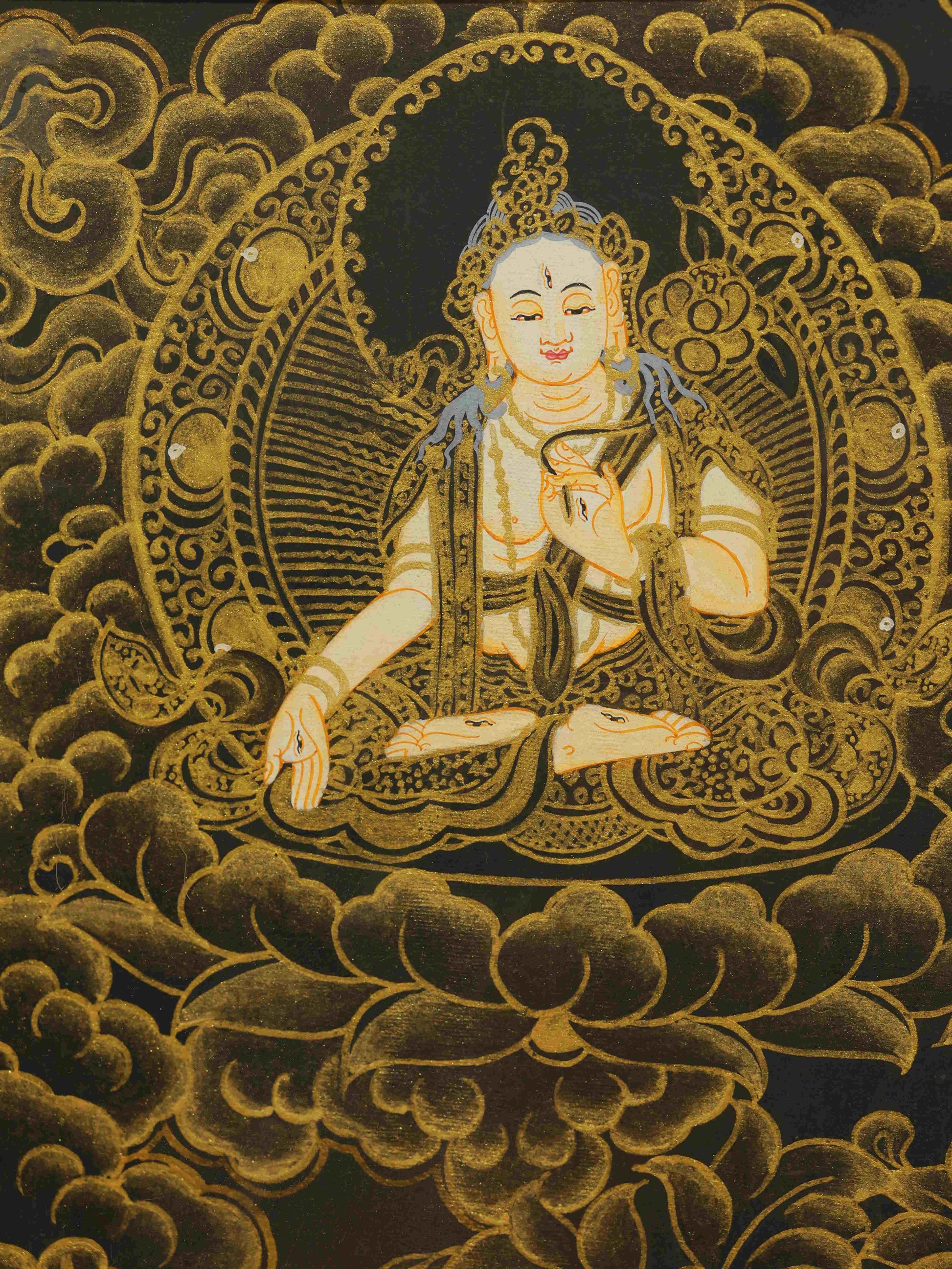 Hand-painted Vajrasattva Thangka artwork symbolizing divine light and transformation.