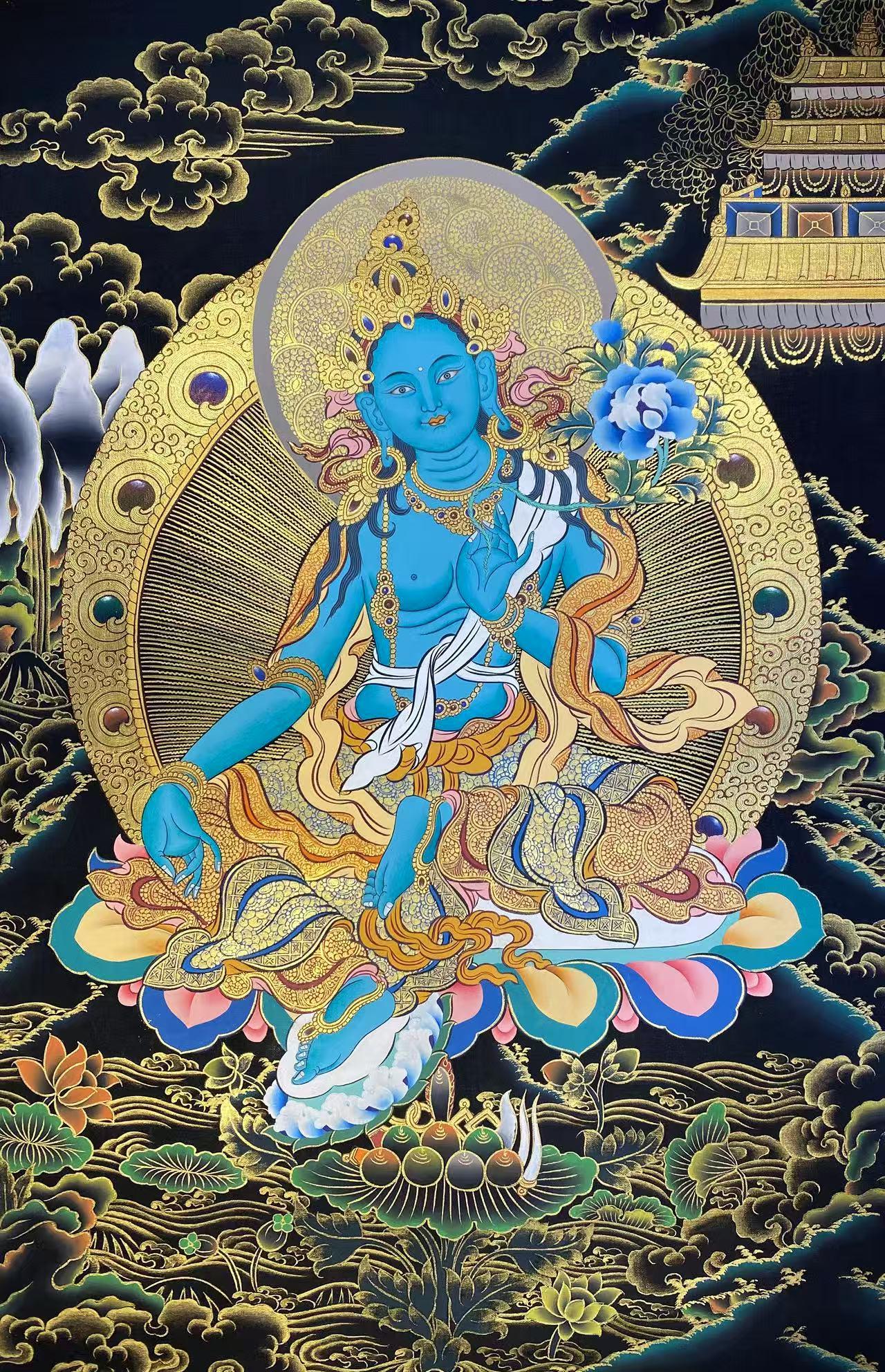 Handpainted Green Tara Tibetan Thangka Painting with Mineral Pigments - Sacred Buddhist Art