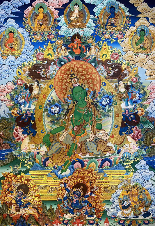 Hand-painted tibetan-buddhist Green Tara Tibetan thangka painting with mineral pigments on canvas.