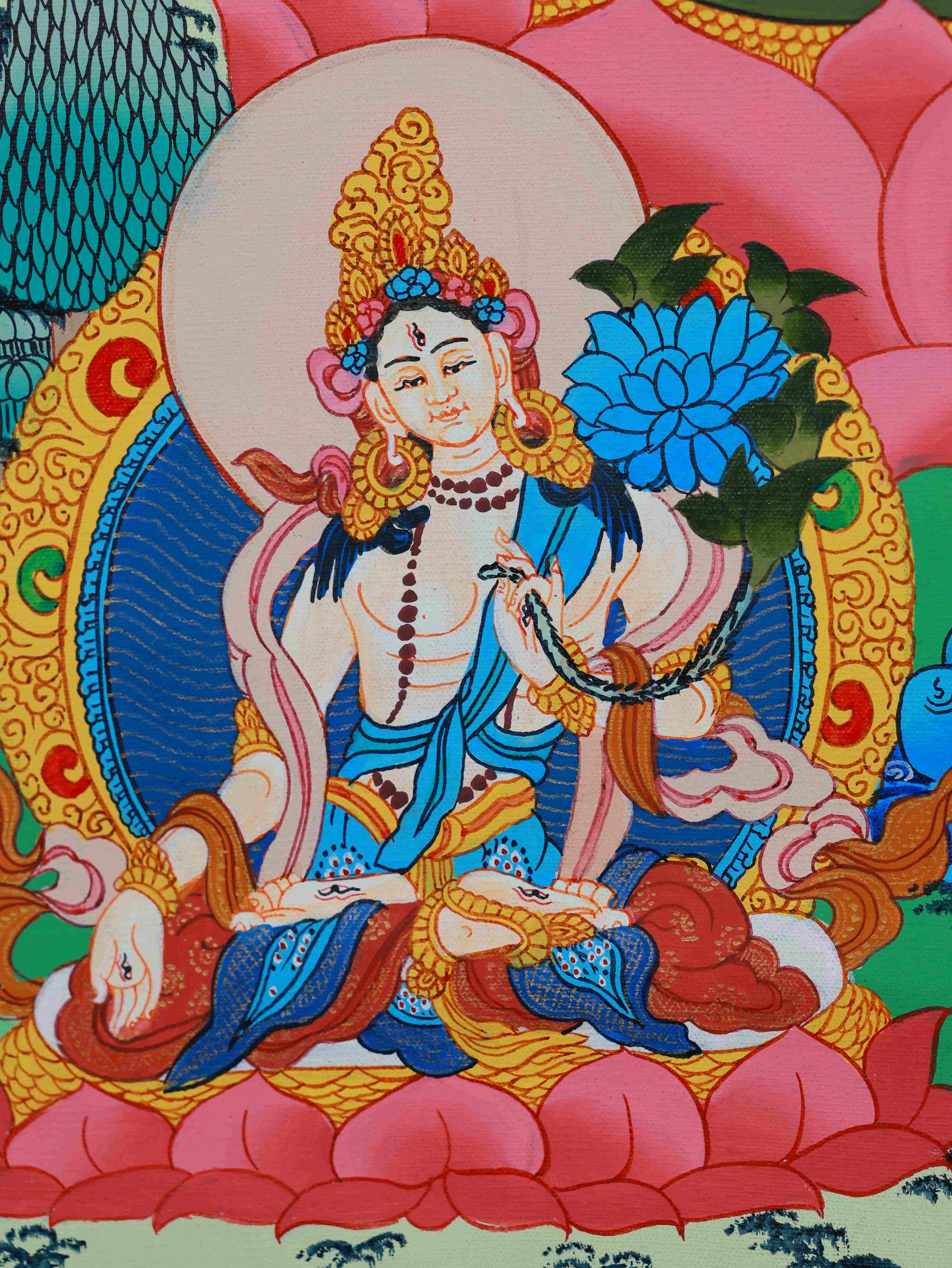Medicine Buddha Tibetan Thangka, hand-painted on canvas with natural mineral pigments, promoting compassion and peace.