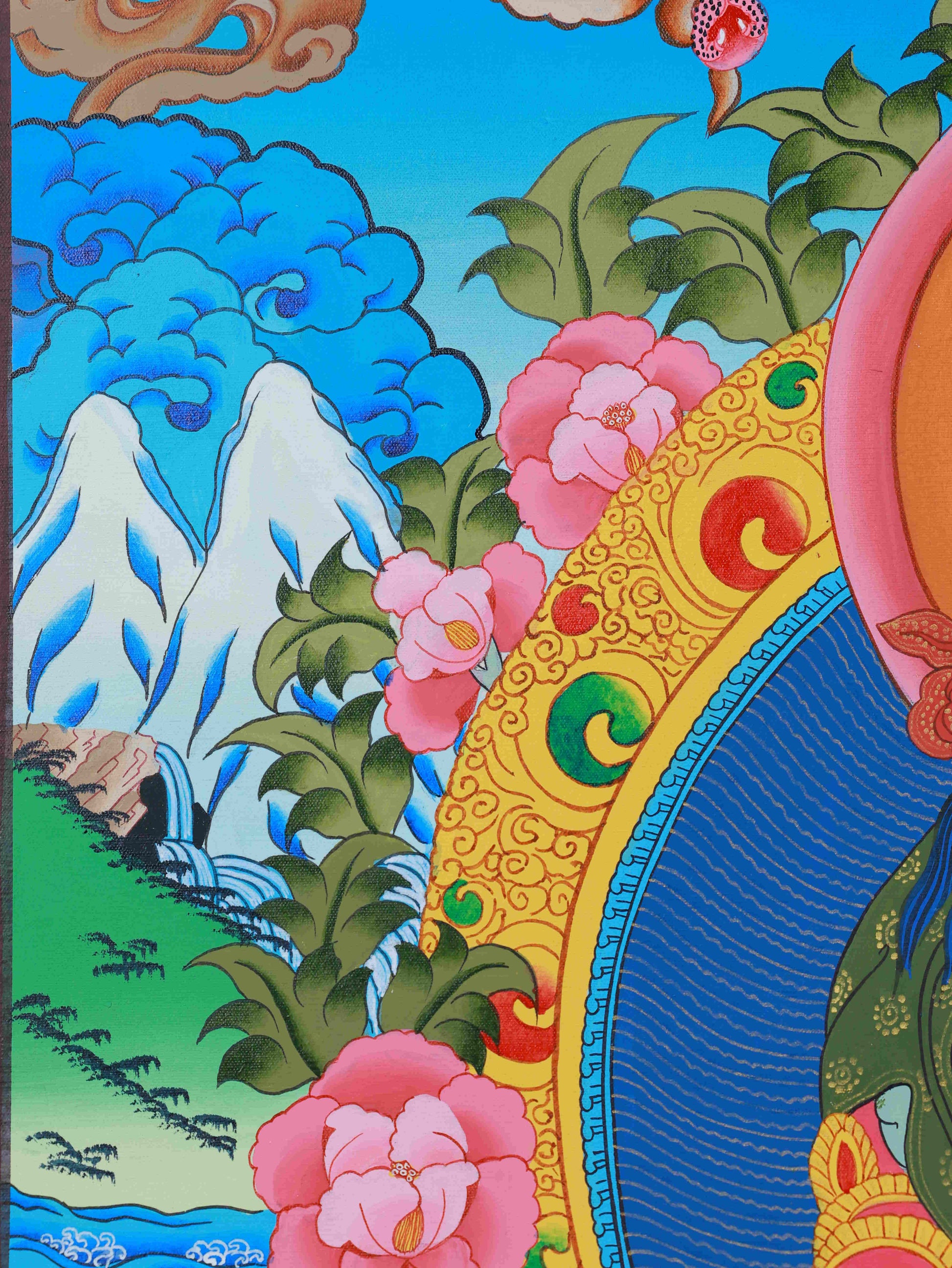 Handcrafted Medicine Buddha Thangka painting, Tibetan Buddhist art ideal for meditation room or wellness space.