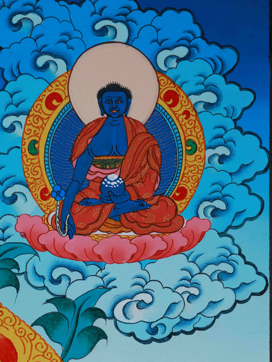 Tibetan Thangka painting of Medicine Buddha, crafted with mineral pigments, promoting compassion and spiritual balance.