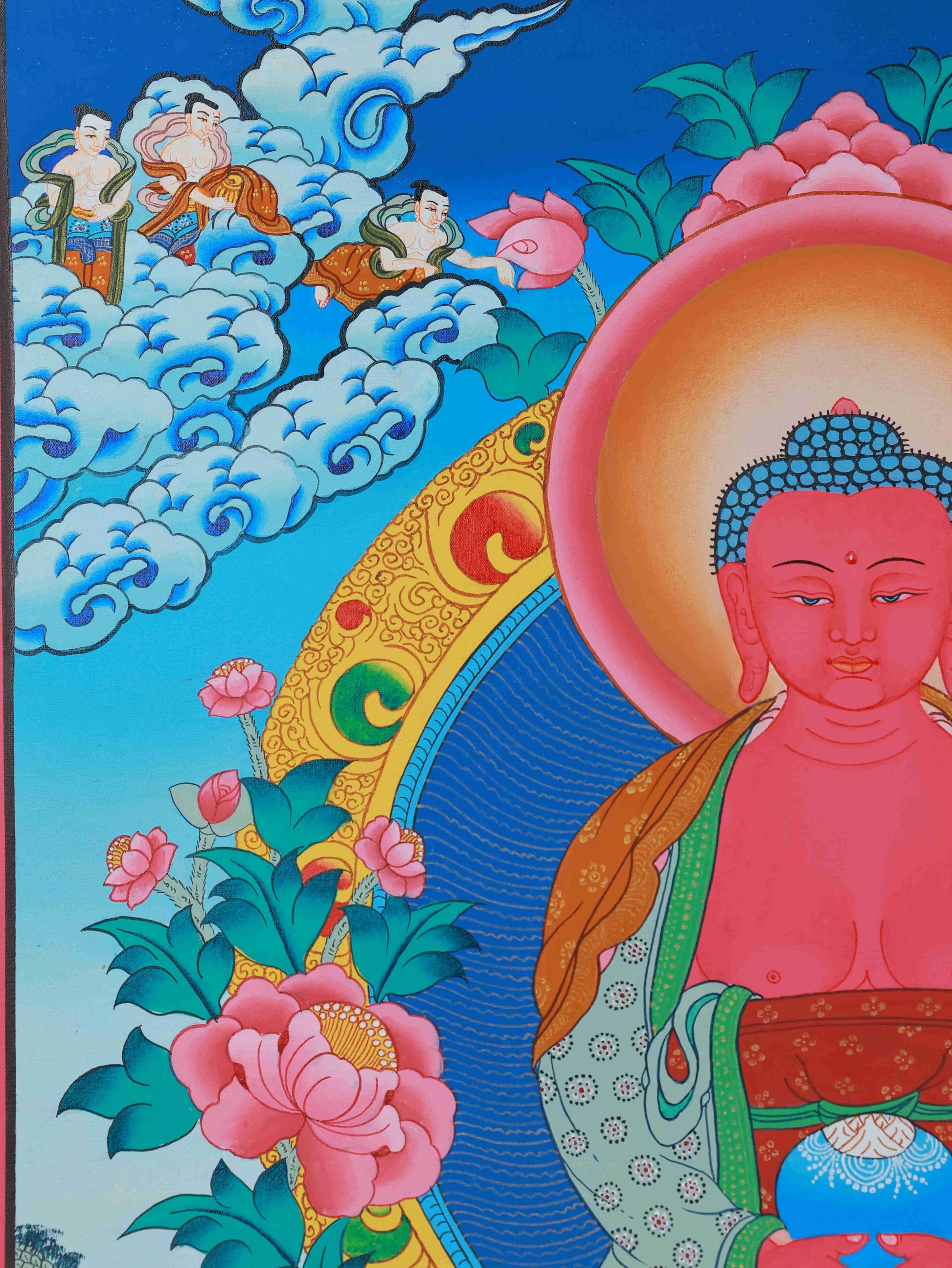 Tibetan Thangka painting of Medicine Buddha, crafted with mineral pigments, promoting compassion and spiritual balance.